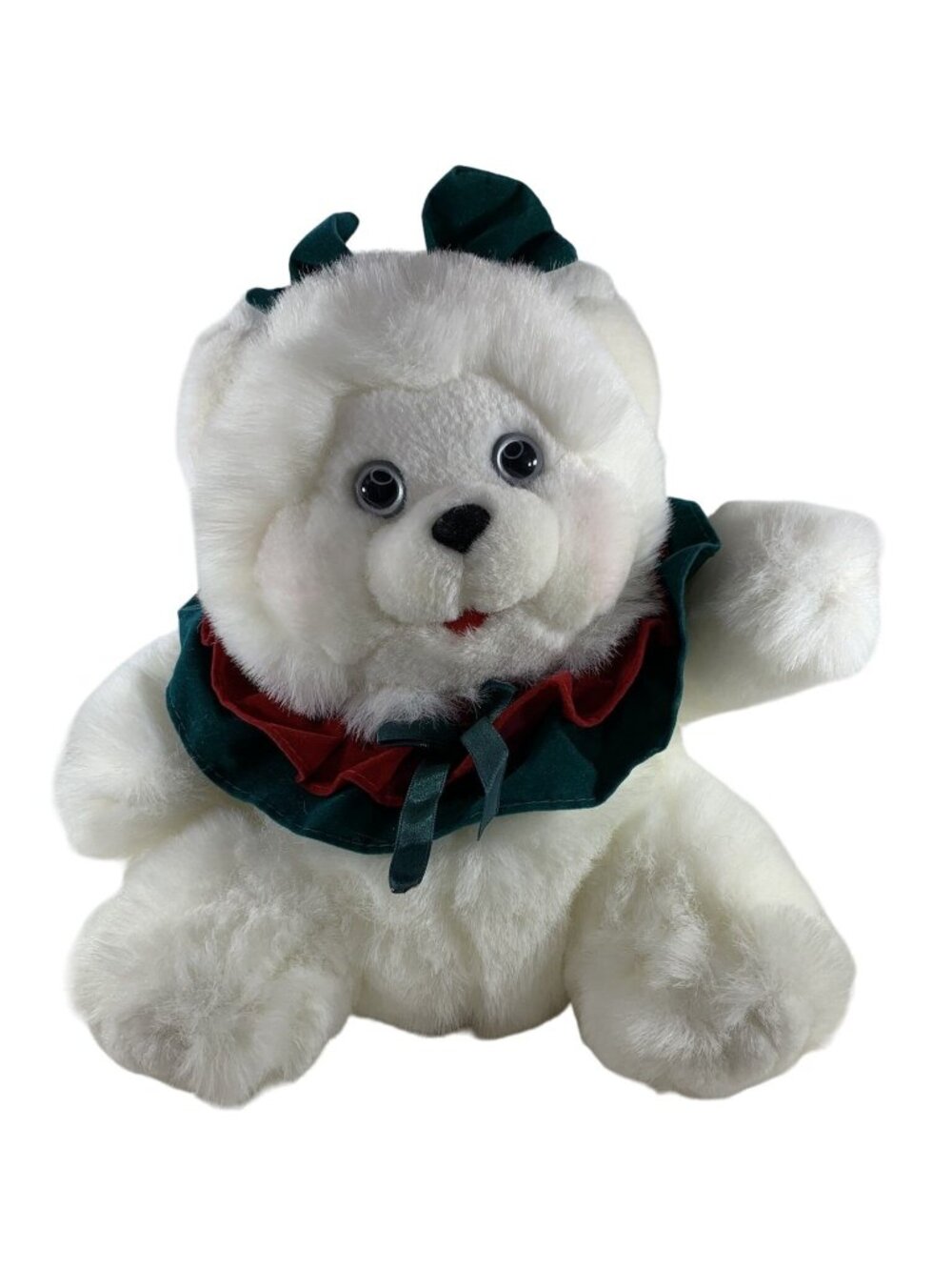 Vintage Dan Dee Christmas Teddy Bear 10" Ruffles Bow Holiday White Plush Stuffed